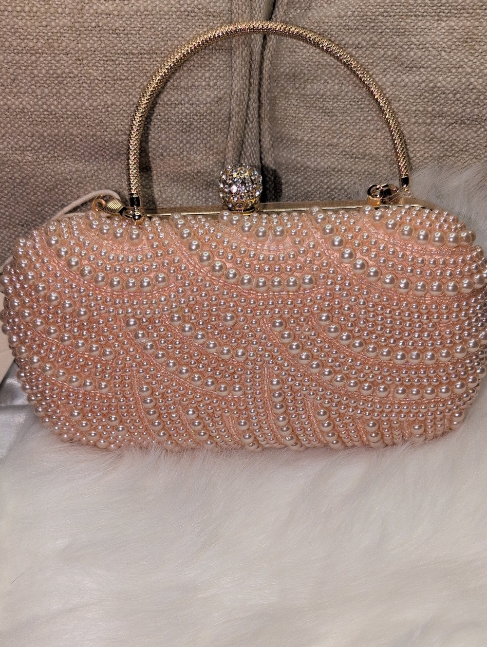 Elegant Pearl-Embellished Pink Evening Clutch With Chain Strap And Handle